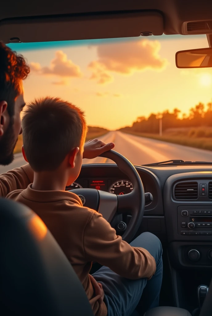 	• An image that captures an authentic moment between father and son, like a father teaching his son to drive, or a loving scene of father and son in a car, with the Auto Posto Marecha logo subtly inserted. The background could be a road at sunset, symbolizing the journey of life, with a warm and nostalgic touch.
