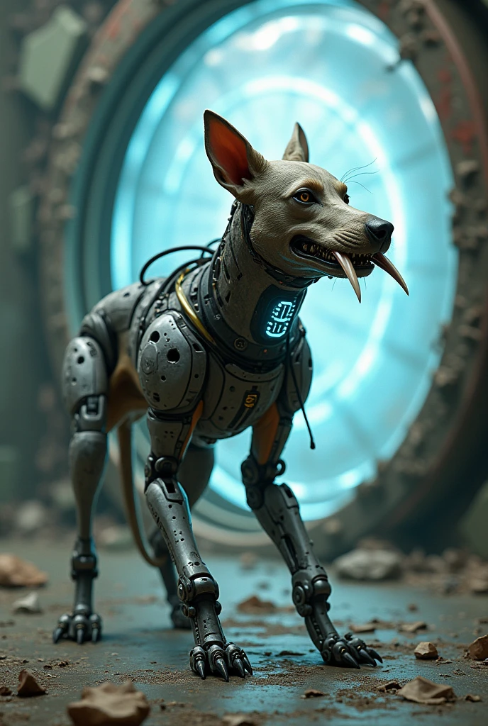 Create a kind of dog with some gray alien robotic parts and a blue spot with two large fangs. And a background of a ruined laboratory with a glass wall in the background with a kind of portal to another world.