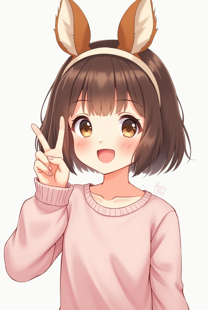 Kawaii girl smiling standing with her hand next to her face showing two fingers, Her face is round and her hair reaches her shoulders and she wears a headband with BTS squirrel ears.