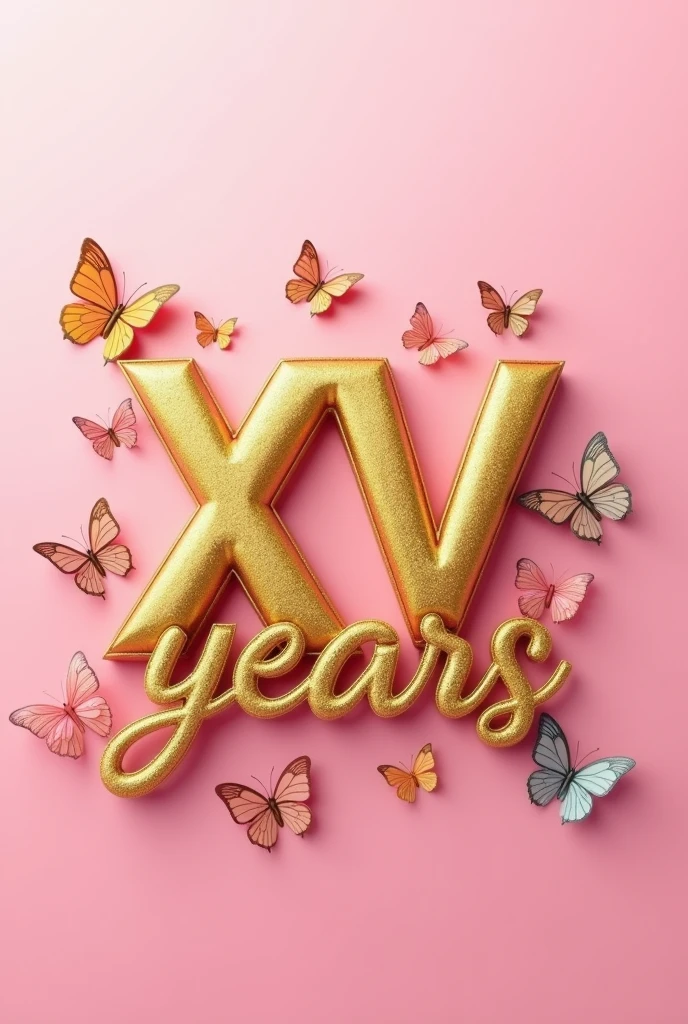 Phrase XV years in golden 2d letters on a pink background with butterflies 
