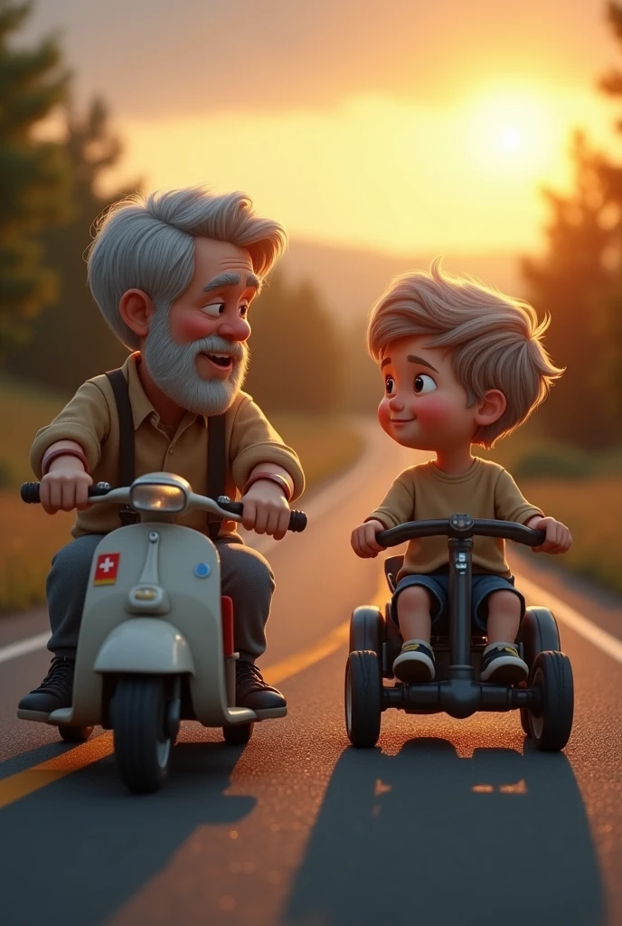 • An image that captures an authentic moment between father and son, like a father teaching his son to drive, or a loving scene of father and son in a car, with the Auto Posto Marecha logo subtly inserted. The background could be a road at sunset, symbolizing the journey of life, with a warm and nostalgic touch.