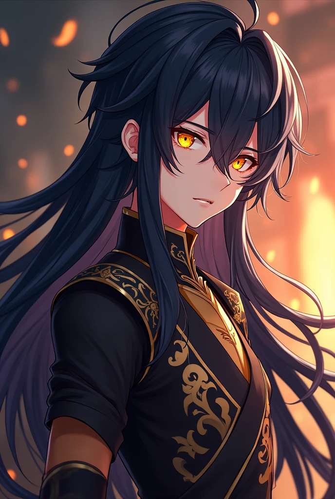 Anime boy with 174 cm height,yellow light eyes and black long touching shoulder turn to the left in raiden ei from genshin impact's outfit styles