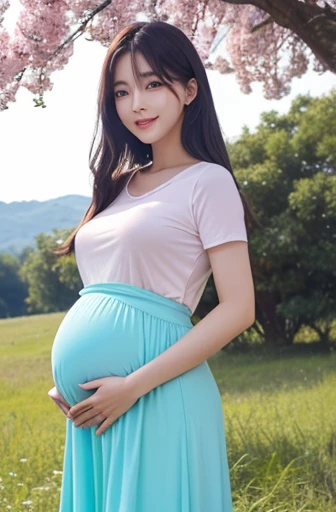 (highest quality、masterpiece、8k、best image quality、hyper realism、Award-winning work)、1 pregnant woman、(独奏:1.1)、(1 photo:1.1)、(Height: 140cm:1.1)、(low length:1.1)、(ta:1.1)、(Feminine and girly cute accessories:1.1)、(フェミニンでガーリーな可愛いLolita少女:1.1)、(Elegant pastel light blue T-shirt:1.1)、(Pastel light pink berry long flare skirt:1.1)、(late pregnancy:1.2)、Standing gracefully、(Random beautiful nature scenery background:1.1)、(Spectacular and mysterious scenery:1.1)、(beautiful clear sky:1.1)、(beautiful thunder clouds:1.1)、Full body photo of a woman standing gracefully with the biggest smile looking at me、accurate anatomy、perfect makeup、long eyelashes、glossy lips、Ultra high definition glossy skin、(Ultra-high definition bright and beautiful skin:1.1)、Ultra-high definition glossy lips、Super high definition beautiful teeth