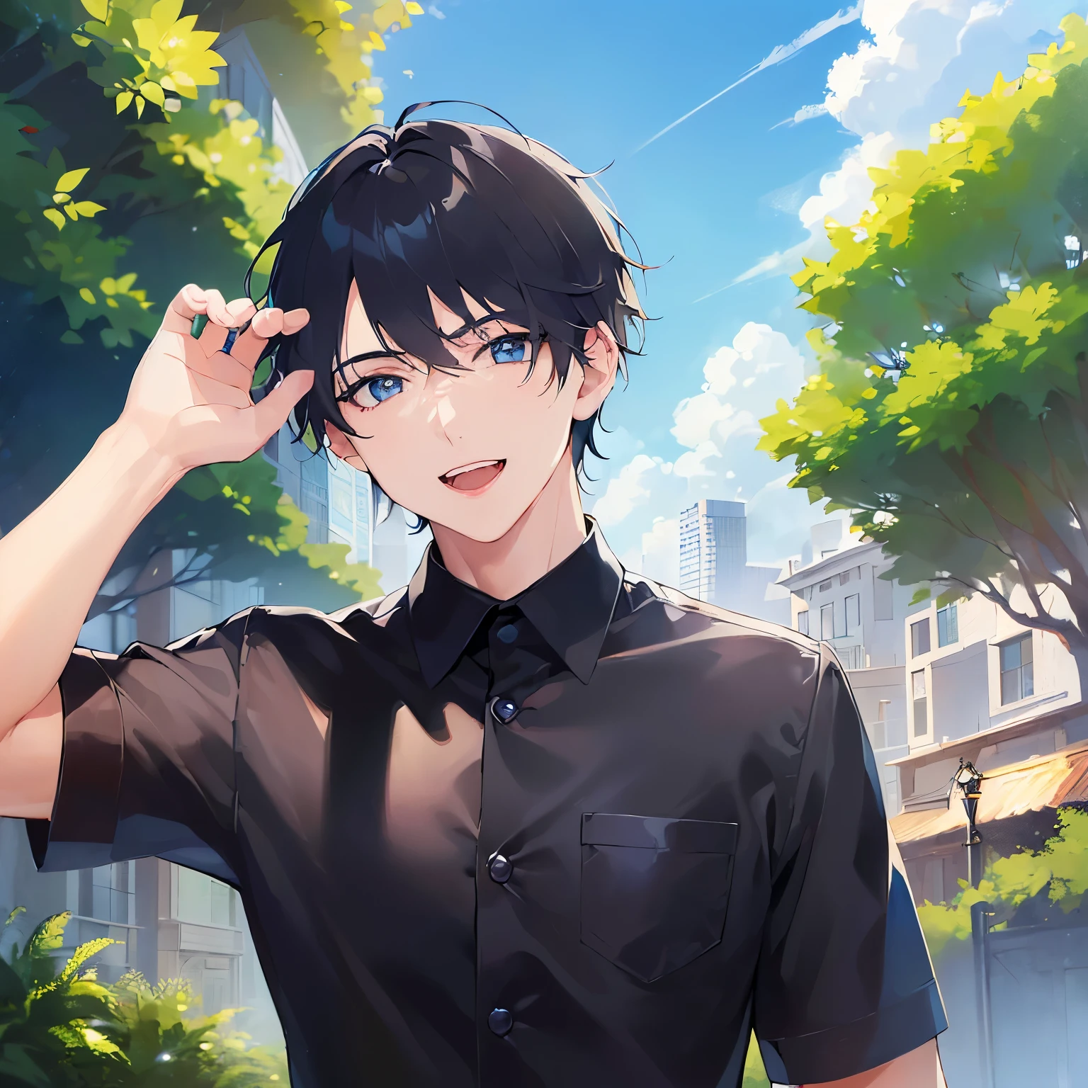 (looking at viewer:1.5)Upper Body,
shiny skin, masterpiece、Highest quality、
(25-year-old male:1.5) and (Black short hair) and (blue eyes),
black collared shirt、
smile,open mouth,park,blue sky、grass