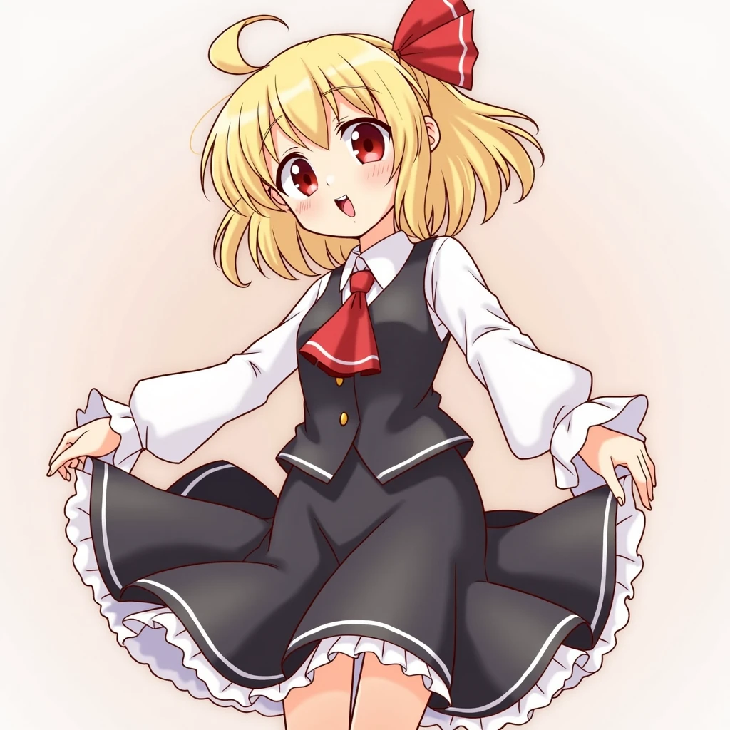 1girl, rumia (touhou), medium hair, blonde hair, red eyes, fang, black vest, white shirt, collared shirt, red ascot, long sleeves, black skirt, skirt set, frilled skirt, red ribbon, hair ribbon,white socks
