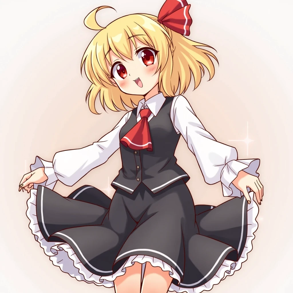 1girl, rumia (touhou), medium hair, blonde hair, red eyes, fang, black vest, white shirt, collared shirt, red ascot, long sleeves, black skirt, skirt set, frilled skirt, red ribbon, hair ribbon,white socks