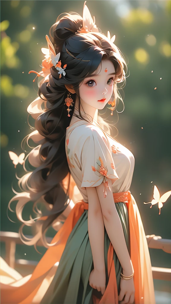 a very cute girl doll with a butterfly hair piece and hair flowing, 1girl, solo, long hair, black hair, bug, blurry background, blurry, butterfly