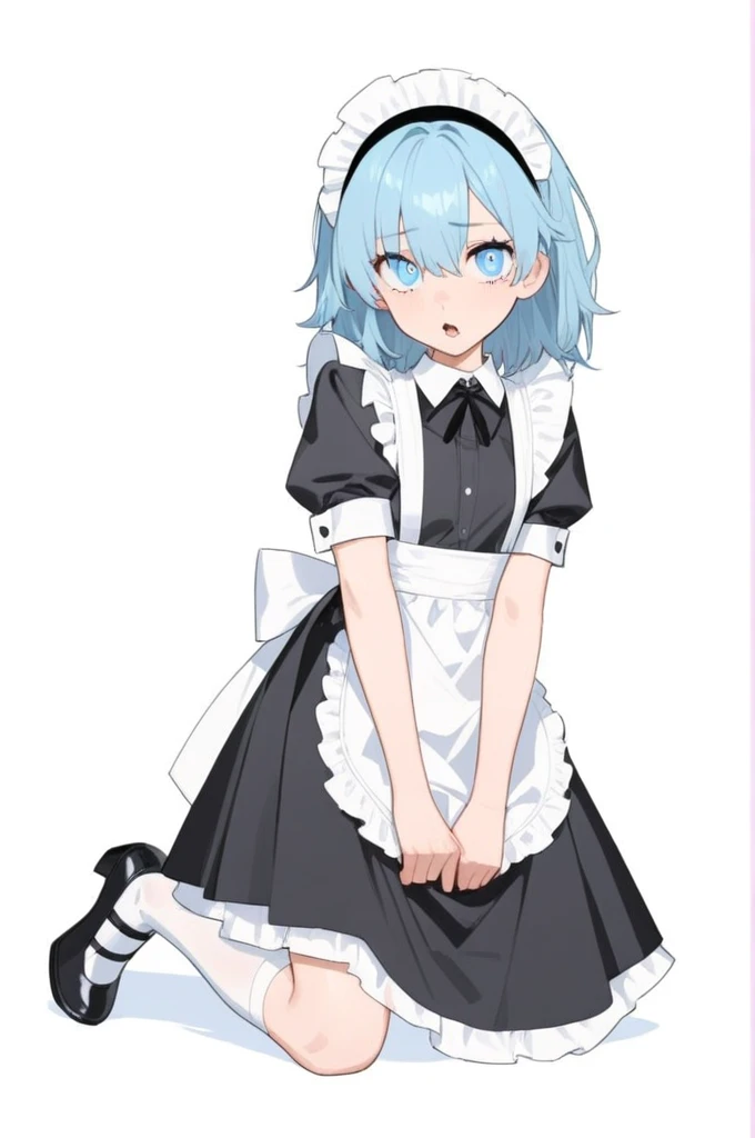 dressed as a maid, Whole body, by rubio, blue eyes, detailed mouth, detailed body, detailed eyes, doggy position,