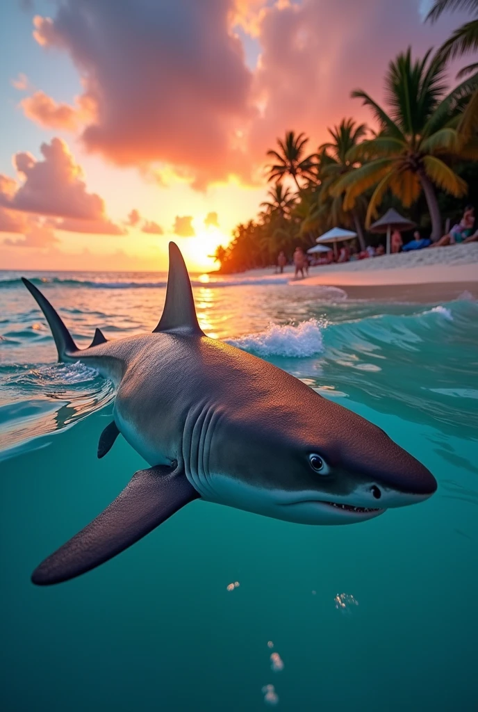 Sunset in Cancun on the beach and a shark