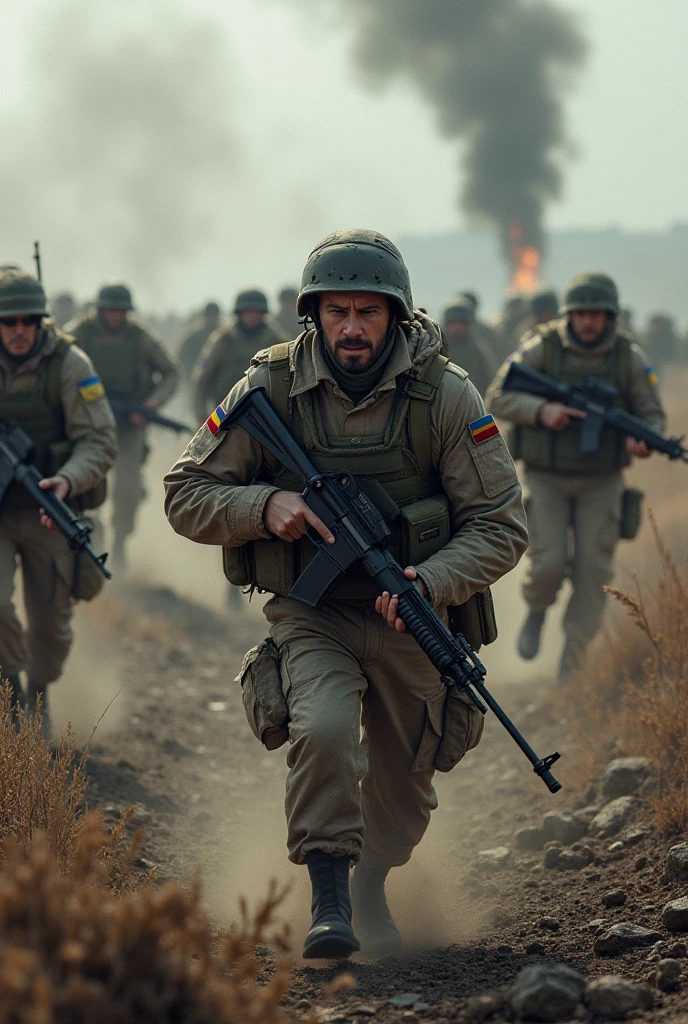 create a realistic image of Ukrainian troops advancing on Kursk, Russian soldiers retreating, advance maps.