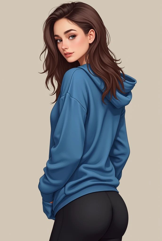 1girl, 15 years old, beautiful, black leggings, blue sweatshirt, brown hair, perfect bubble butt