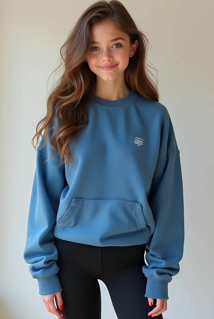 1girl, 15 years old, beautiful, black leggings, blue sweatshirt, brown hair, perfect bubble butt