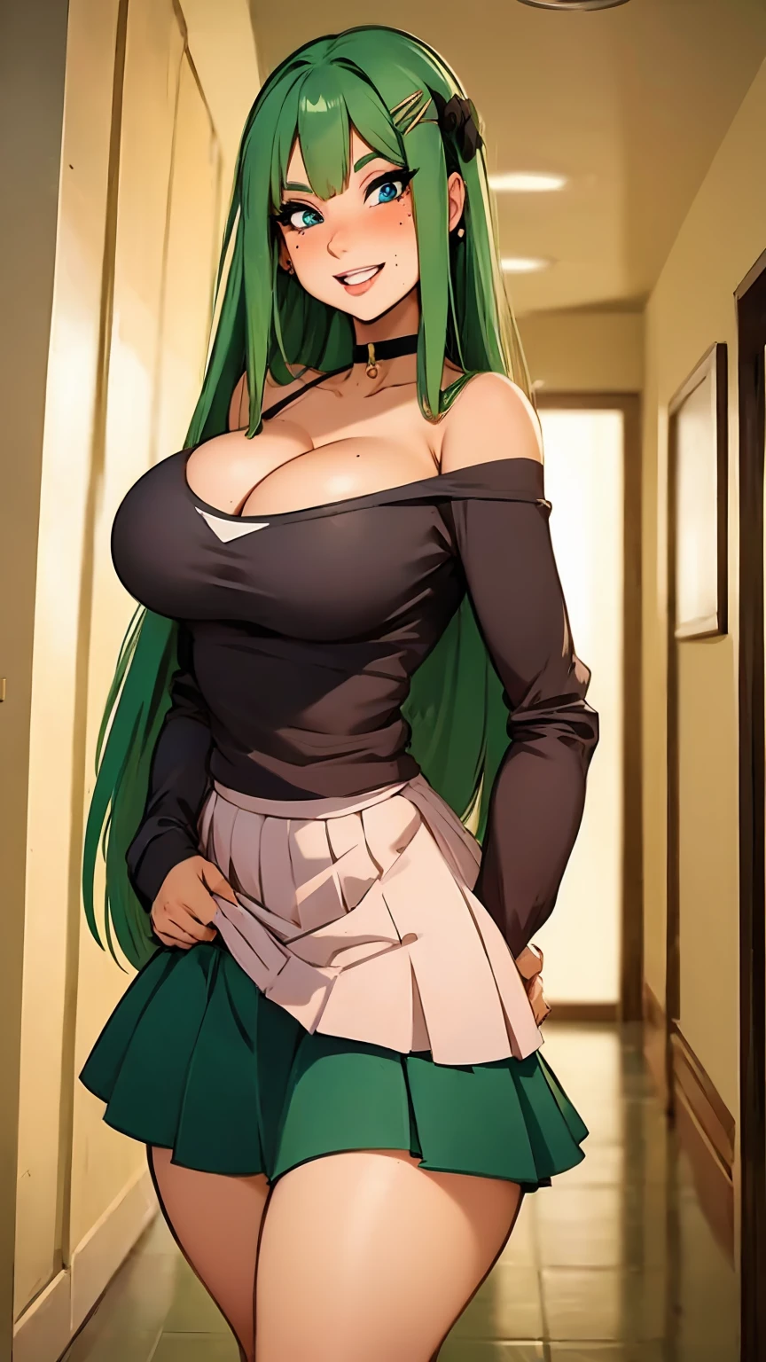 anime girl, beautiful, long green hair, blue eyes, hair clip, big breasts, cleavage, stylish black long-sleeved blouse, pleated skirt, choker, beautiful smile, hallway, blushing, mole on cheek