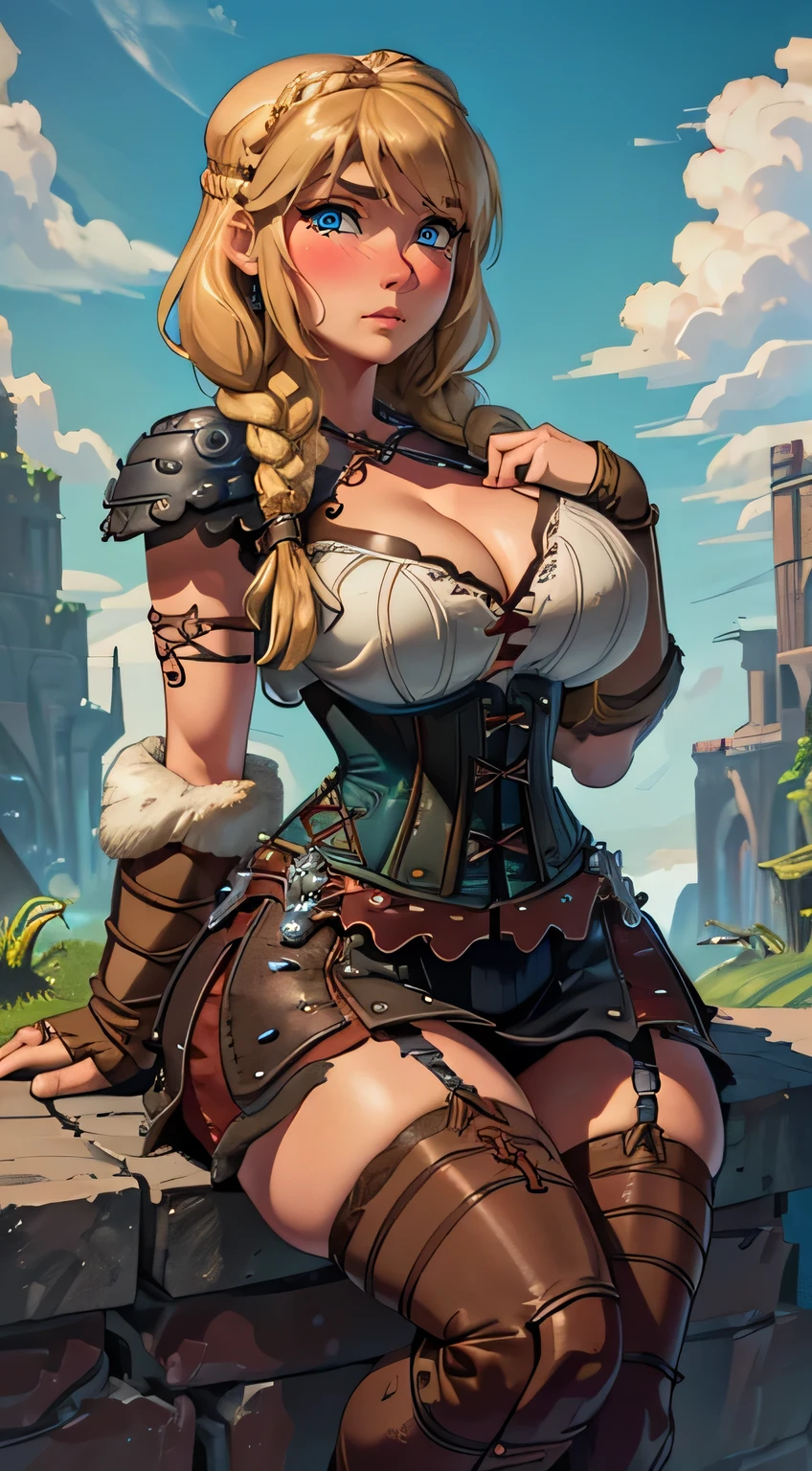 (best quality), (4k), sexy_girl, Astrid from How to Train Your Dragon, ((detailed face)), cleavage, (big_ass), (big_boobs), (curvy_body), ((hair braids)) , (clear sky), ((corset_lingerie))