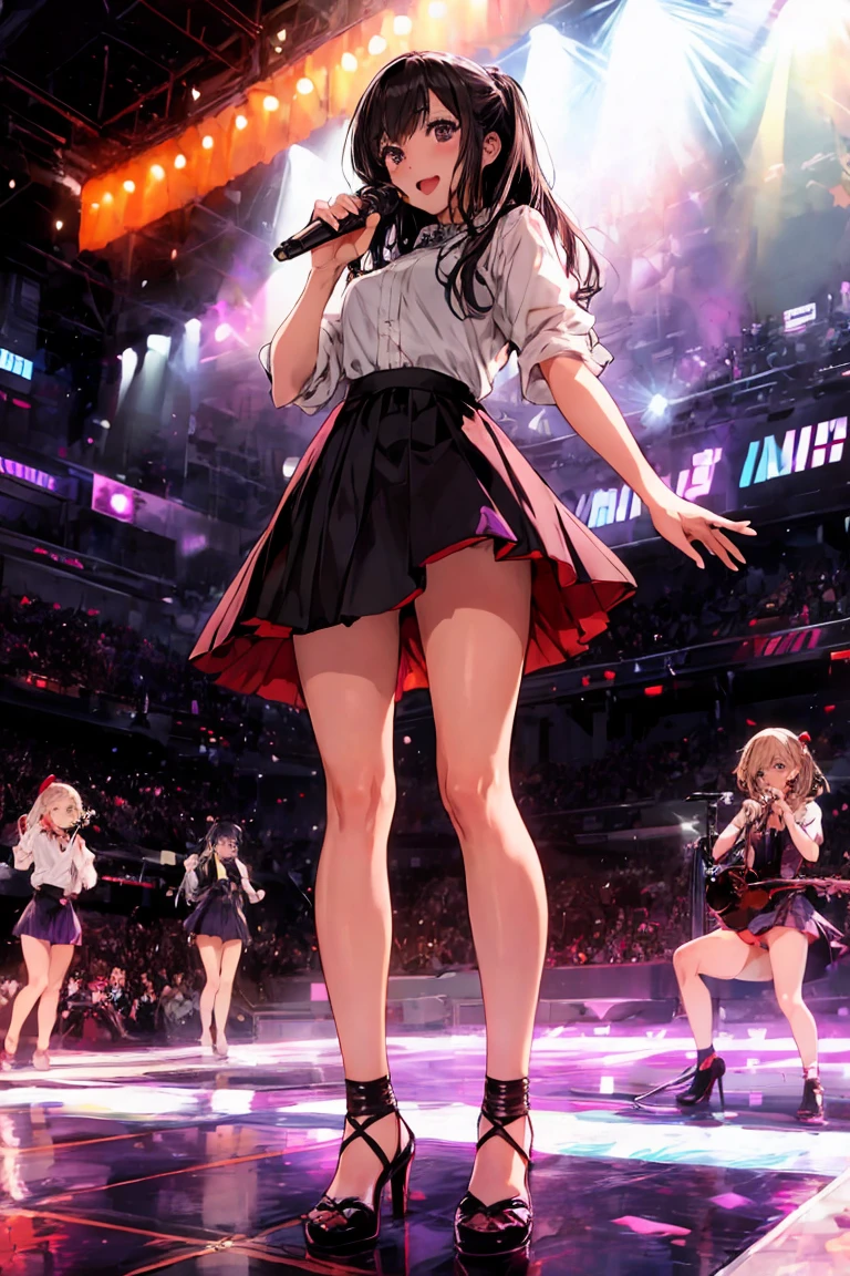Black-haired long-haired high school girl、Purple eyes、Slender body、(shirt、High heels、((skirt)))、smile、The background is a concert hall、(((Girl Band)))、live、Idol、Hold the microphone by both ends、Spotlight in the darkness,
Singing scene, Dress scene, Looking at the audience,
Idolを鮮やかな色彩で表現, カラフルなIdolドレス, Idolの歌声を温かみのある色で表現、Look forward