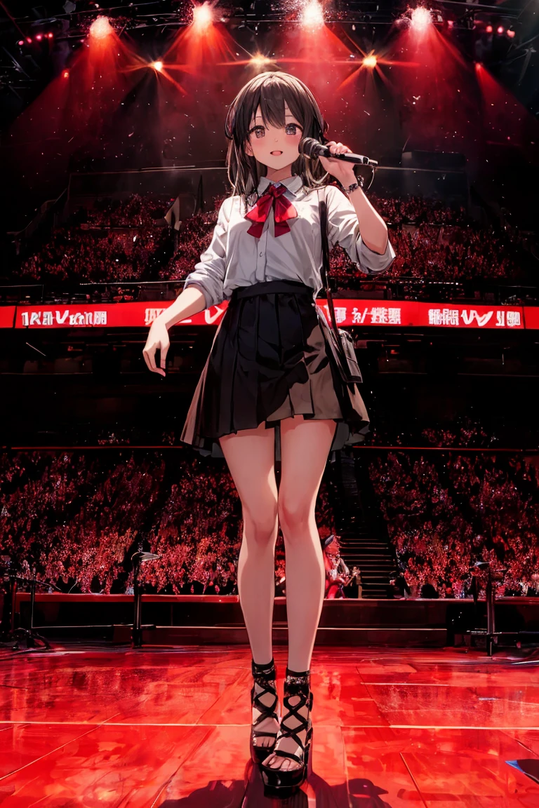 Black-haired long-haired high school girl、Purple eyes、Slender body、(shirt、High heels、((skirt)))、smile、The background is a concert hall、(((Girl Band)))、live、Idol、Hold the microphone by both ends、Spotlight in the darkness,
Singing scene, Dress scene, Looking at the audience,
Idolを鮮やかな色彩で表現, カラフルなIdolドレス, Idolの歌声を温かみのある色で表現、Look forward