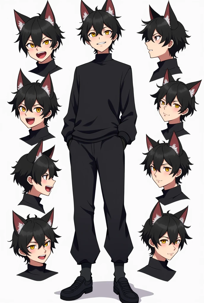 Anime illustration、masterpiece、(Highest quality)、juvenile、((Cat ear))、Cool guy、((Happy expression))、((Cool fashion in black))、((Long sleeve and long pants style))、((Makes your face smaller))、The body is slim、((Yellow Eyes))、((10 poses and facial expressions))