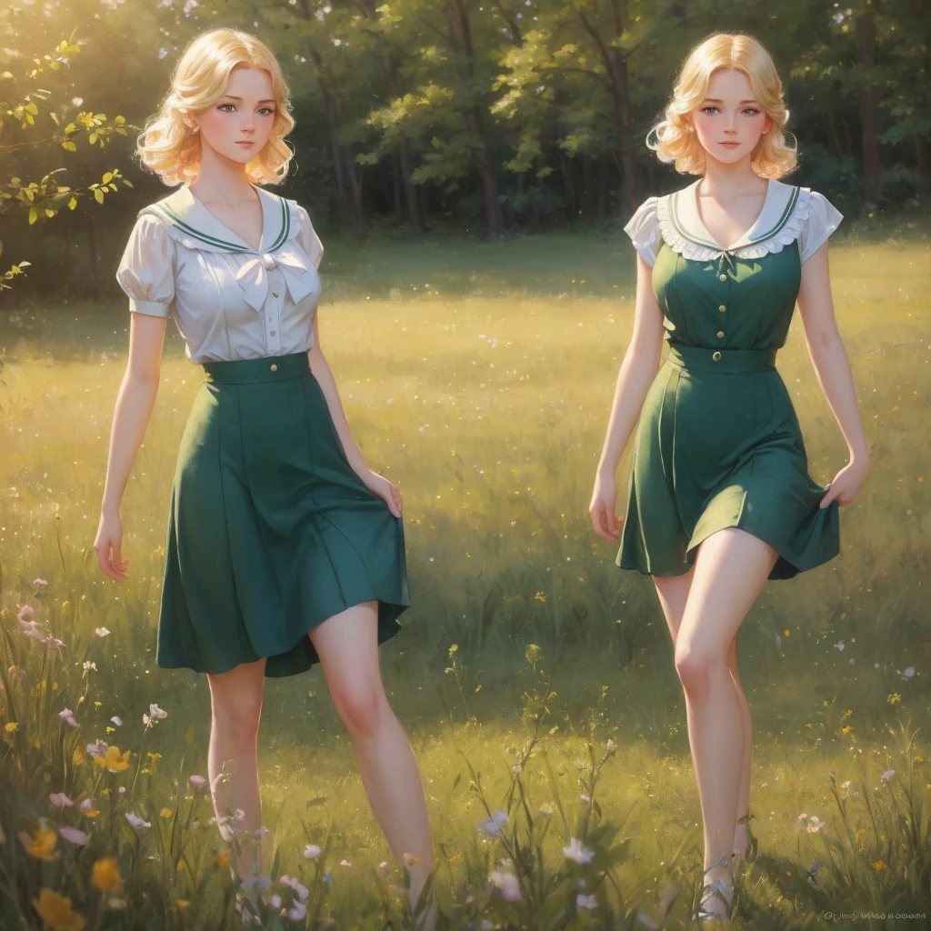girl, 3個girl, blond, Green eyes, 1930s style, high quality, full-body shot, 17 years old, Big breasts, Long legs and height 170 , Sailor Suit, Mini skirt standing on the grassland, blue sky , delicate eyes, Delicate lips, Extremely detailed face, long eyelashes, Elegant, beautiful, beauty, charming, Exquisite, oil painting, Digital painting, Realism, 8k, best quality, masterpiece, HDR, bright colors, movie lighting, Soft Focus, warm colors, dream, romantic, femininity