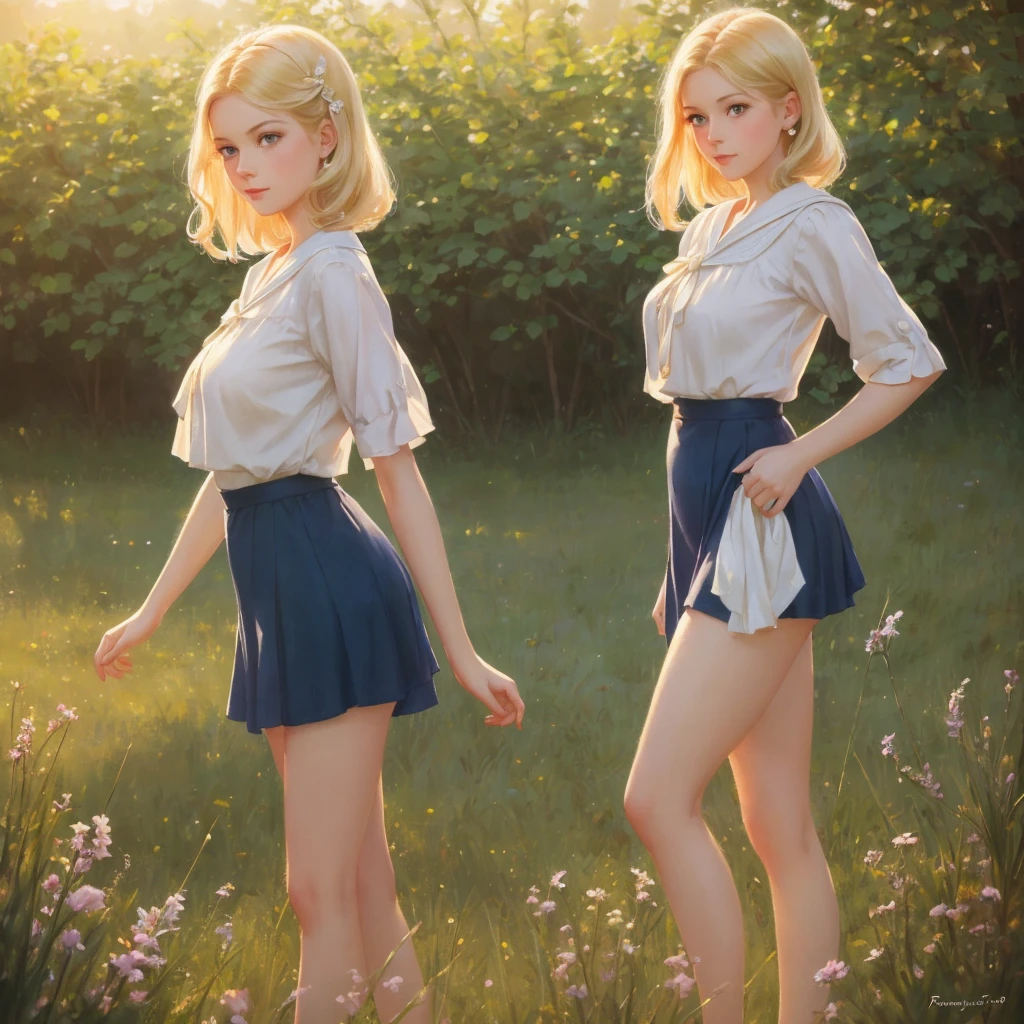 girl, 3個girl, blond, Green eyes, 1930s style, high quality, full-body shot, 17 years old, Big breasts, Long legs and height 170 , Sailor Suit, Mini skirt standing on the grassland, blue sky , delicate eyes, Delicate lips, Extremely detailed face, long eyelashes, Elegant, beautiful, beauty, charming, Exquisite, oil painting, Digital painting, Realism, 8k, best quality, masterpiece, HDR, bright colors, movie lighting, Soft Focus, warm colors, dream, romantic, femininity
