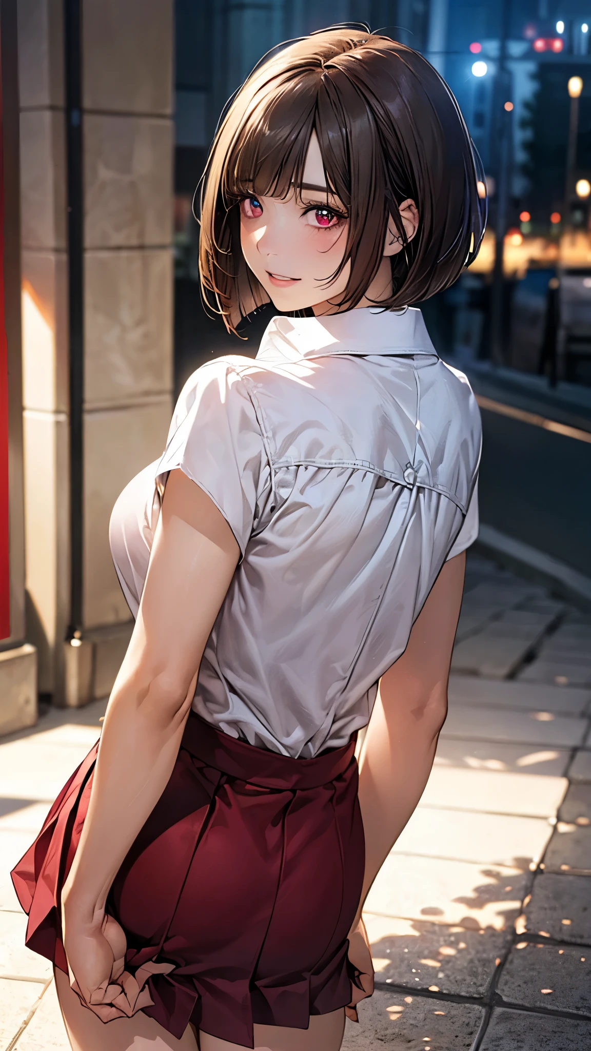 (masterpiece:1.2, top-quality), (realistic, photorealistic:1.4), beautiful illustration, (natural side lighting, movie lighting), depth of fields, nsfw,
beautiful detailed hair, beautiful detailed face, beautiful detailed eyes, beautiful clavicle, beautiful body, beautiful chest, beautiful thigh, beautiful legs,
((looking back, back view, from below)), 1 girl, 20 years old, (perfect anatomy, anatomically correct, super detailed skin), cute and symmetrical face, perfect face, perfect eyes,
(medium hair, bob cut, light brown hair), bangs, maroon eyes, double eyelid, long eye lasher, (large breasts, seductive thighs), perfect body, shiny skin, pink skin, slim, slender,
(detailed cloth texture, white collared shirt, red skirt), (breast flick:1.4), (butt:1.0),
(beautiful scenery), evening, (cafe:1,2, many people behind), standing, (lovely smile, parted lips),
