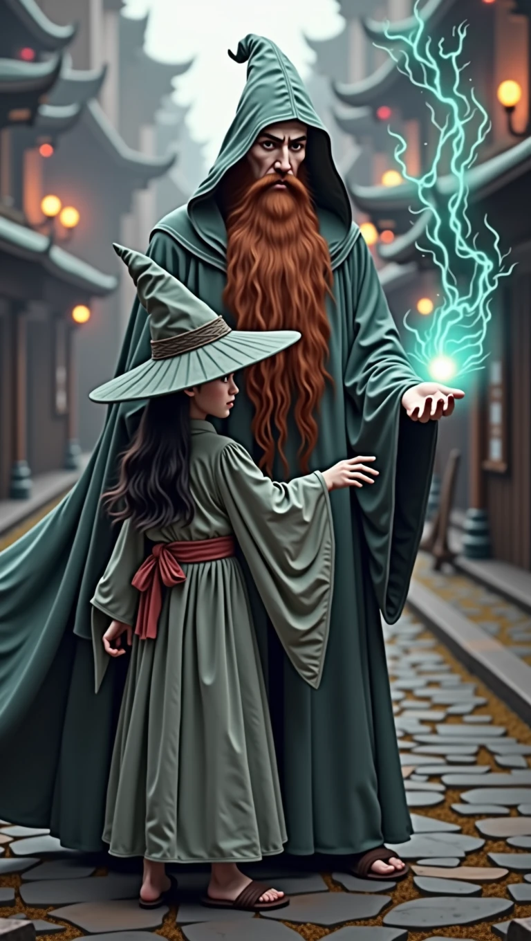  
A 30 year old red-haired wizard with a long beard,wearing a greenish-gray wizard&#39;s robe with a pointed hood releasing a spell from his hand, next to him is a Japanese  witch with a gray witch robe mixed with kimono and a pointy witch hat.Hyper Realist . Reality