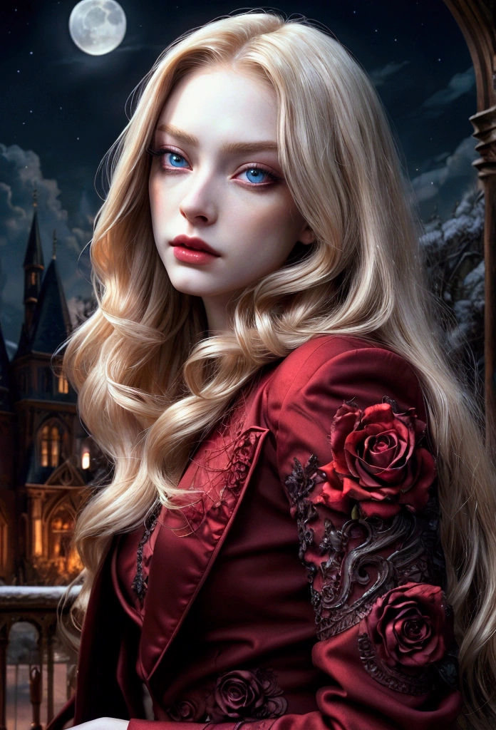 masterpiece, best quality, (focus only), (perfect face:1.1), (high detail:1.1), (very detailed eyes), dramatic, 1 person, (pale skin), long blonde hair, (Red Iris), Personal focus, vampire, long hair, moon, night, red luxury suit, swollen lips, castle, detailed background, art by artgerm, movie lights, red rose, fashion,