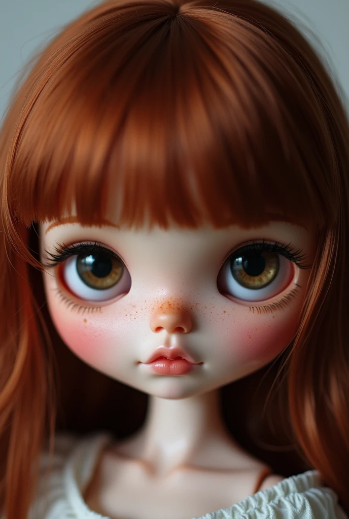 Blythe doll light brunette dark burnt red hair dark eyes thin lips mole under the lip almost on the jaw on the left side