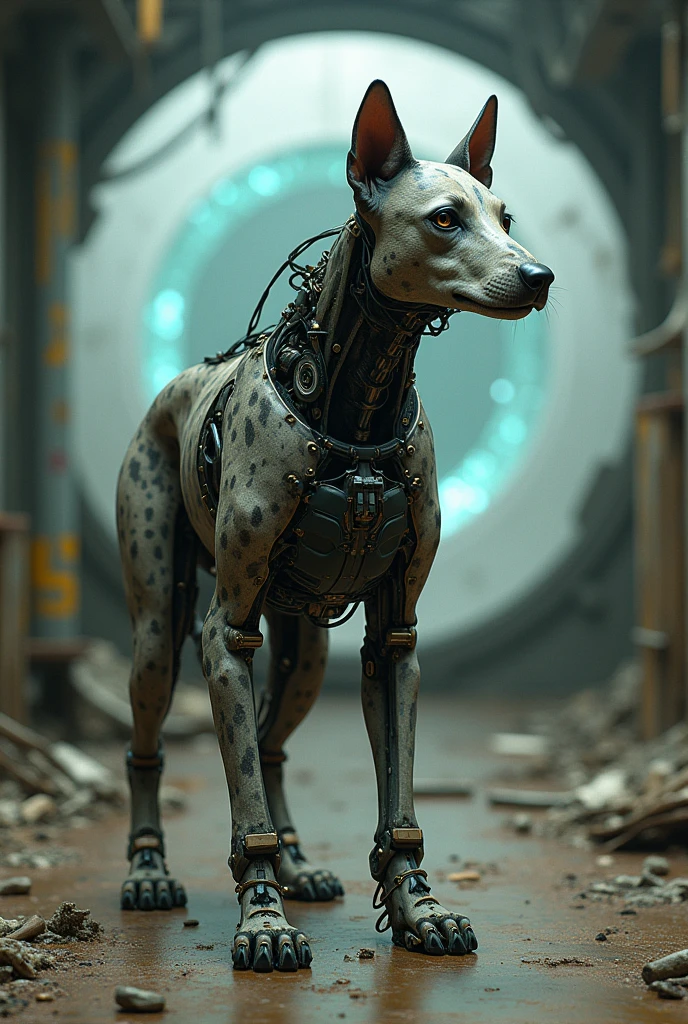 Create a kind of dog with some gray and spot colored alien robotic parts 
. And a background of a ruined laboratory with a glass wall in the background with a kind of portal to another world. 