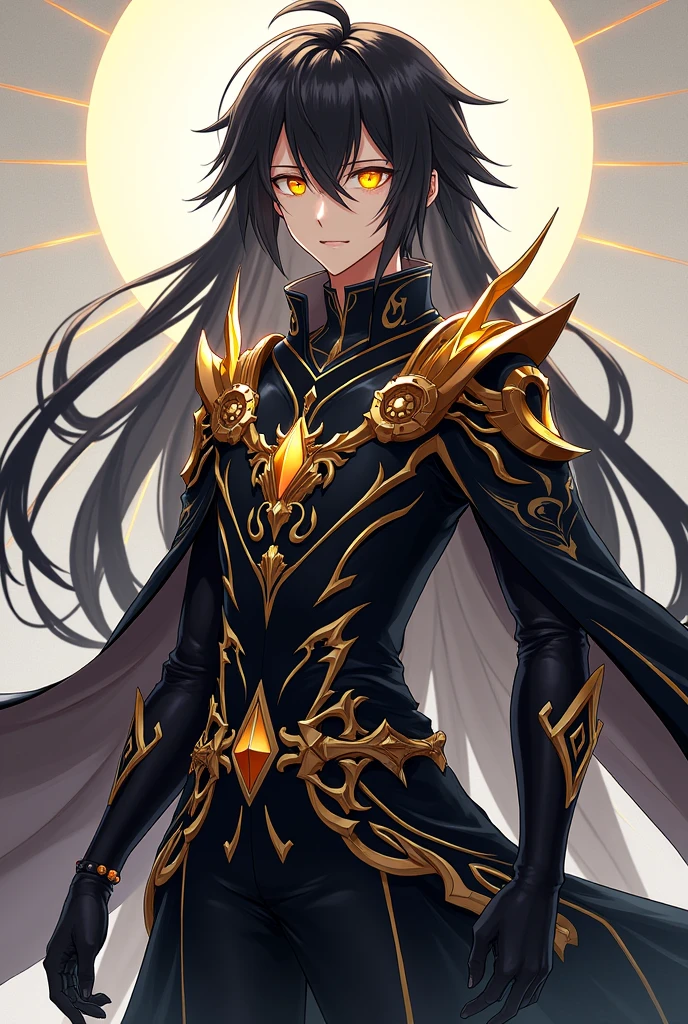 Anime boy with 174 cm height,yellow light eyes and black long touching shoulder in raiden ei's outfit style 