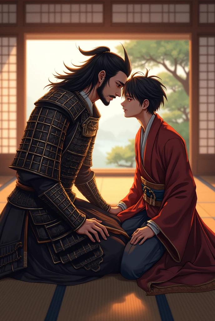 A tender, intimate scene depicting Oda Nobunaga and his young, handsome page, Mori Ranmaru, engaged in a close and meaningful conversation. Nobunaga, dressed in his elaborate samurai armor, is shown leaning slightly towards Ranmaru, who is dressed in traditional attire appropriate for a page. Nobunaga’s expression is one of genuine interest and affection, while Ranmaru looks attentive and respectful. The background is a richly decorated room with traditional Japanese elements, such as tatami mats, shoji screens, and a view of a serene garden through a window. Soft, warm lighting highlights the closeness and mutual respect between them, creating a sense of loyalty and personal connection.