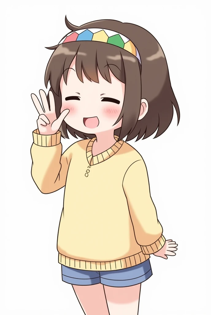 Kawaii girl smiling standing with her hand next to her face showing two fingers, Her face is round and her hair reaches her shoulders and she has a headband