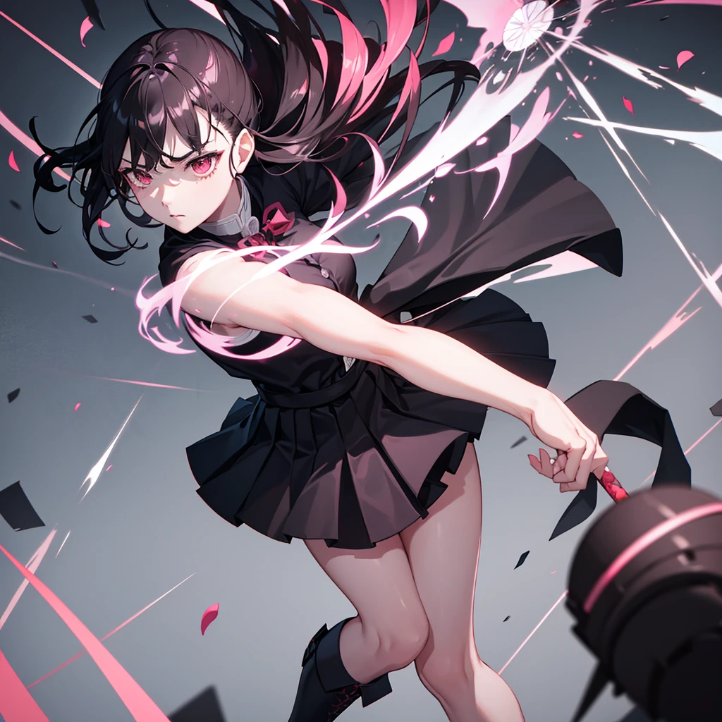 a girl in a black skirt, fighting with a pink sword, thighs, one red eye, background with flowers, ice, and a dark castle, anxious expression, anger, one leg raised, attacking