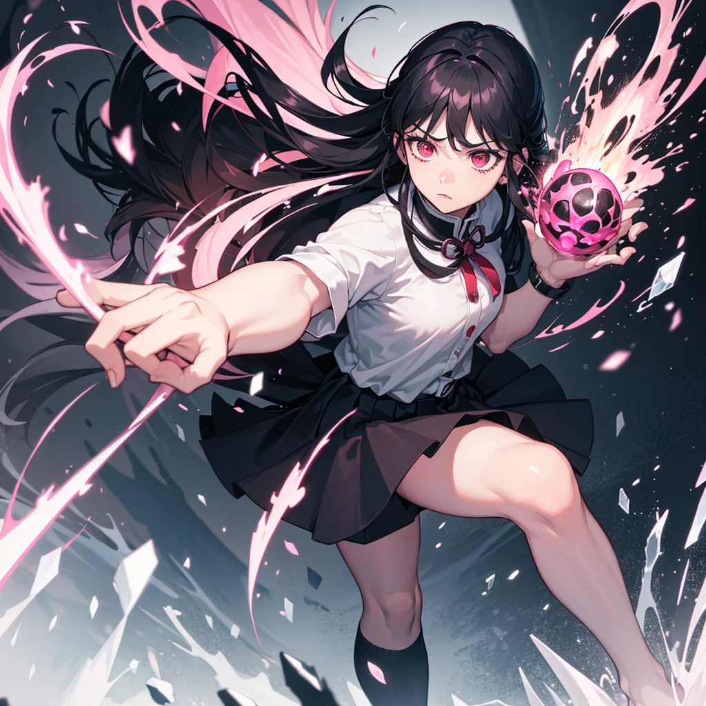 a girl in a black skirt, fighting with a pink sword, thighs, one red eye, background with flowers, ice, and a dark castle, anxious expression, anger, one leg raised, attacking