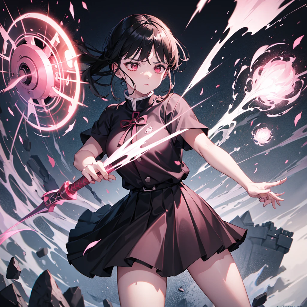 a girl in a black skirt, fighting with a pink sword, thighs, one red eye, background with flowers, ice, and a dark castle, anxious expression, anger, one leg raised, attacking