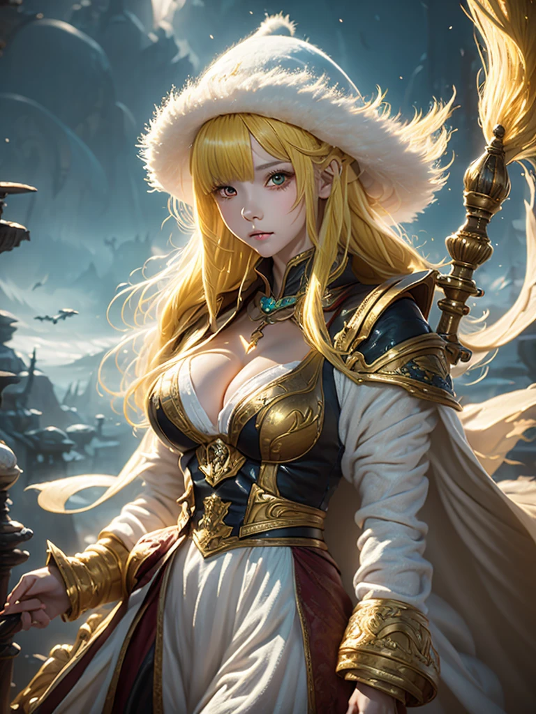Young woman with yellow hair in fluffy clothes and a fluffy hat, Fantasy Characters art, Amazing character art, 壮大なFantasy Charactersアート, HD fantasy art, Magnificent and elaborate character art, Realistic fantasy art, Fantasy Woman, Epic fantasy art style HD, Fantasy Characters, Digital fantasy art), Fantasy Art, Detailed fantasy art, High quality fantasy art, Fantasy Costume, Digital 2D Fantasy Art