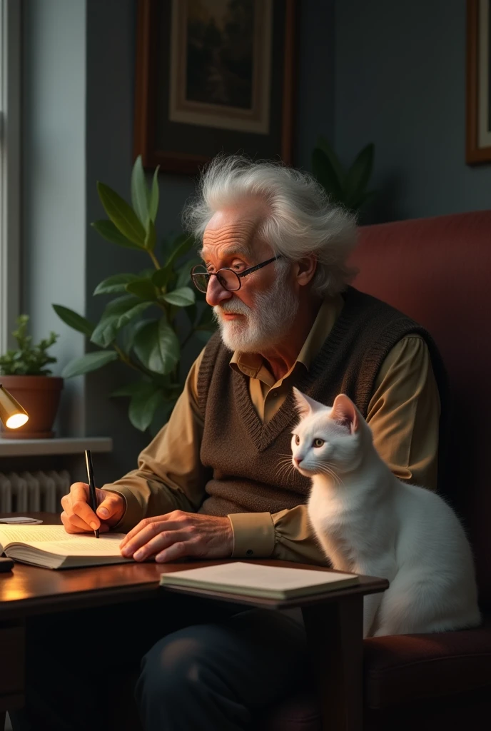 Generate an image of an elderly mathematician man with a long, lean nose; wearing a brown shirt, and vest, sitting in a comfortable chair in a dimly lit living room. He is writing in an open book at the desk while the white cat sits next to him. The room should have some natural light, and you can see the window in the background.