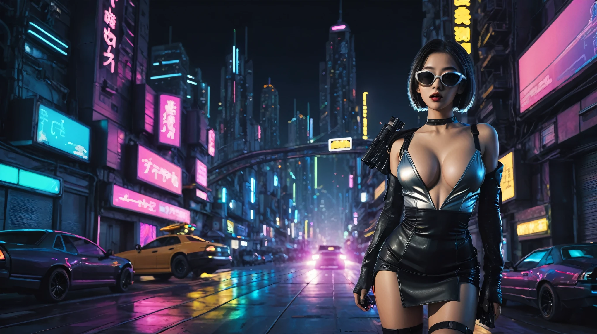 simple comic style cyberpunk city, line art background, flying cars, at night. (1girl, solo), photo realistic, medium-breast:1.3 slim body, cleavage, sling top, miniskirt, black sunglasses, holding a short gun, half-body thigh level medium shot, cinematic lighting, ray tracing.