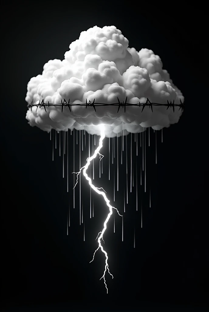 Create 3D art with a single cloud, with lightning and rain falling from it. The cloud must be wrapped in barbed wire. The background must be completely black