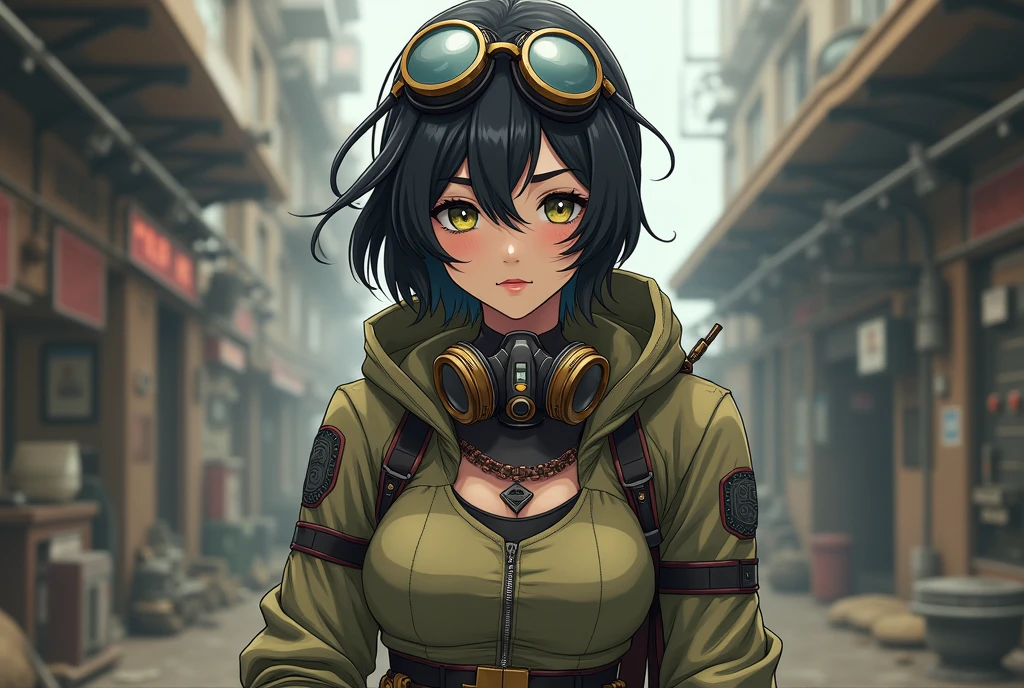 Anime style, game character, female, black hair, tomboy, pixel cut, 28 years old, tall, slim, cool, pilot goggles on forehead, gas mask, khaki singlet, exoskeleton, steampunk, masterpiece, 18K HD