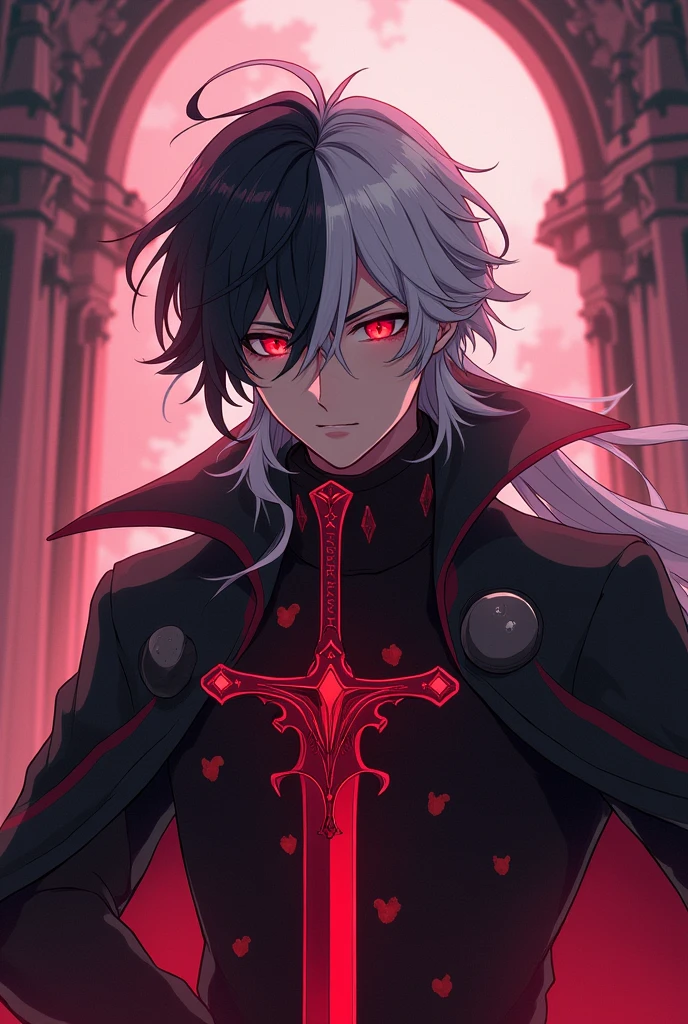 Psyco anime man, half black hair and half white hair, red eyes, castle, male, quality improvement, magic sword