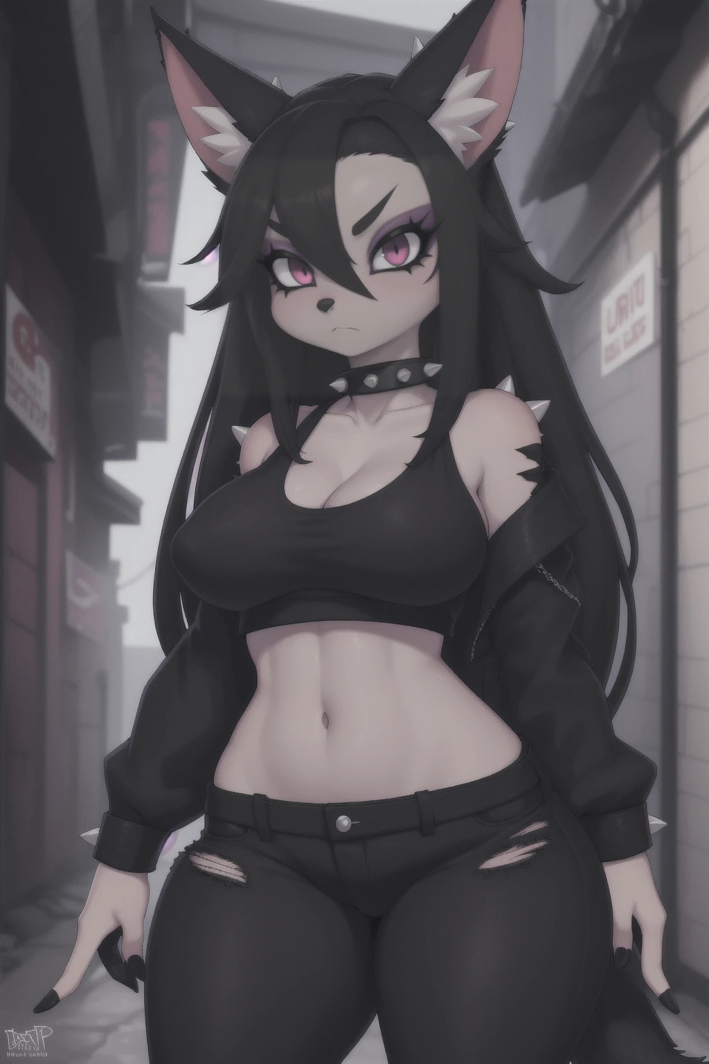 uploaded on e621, explicit content, 3d, cutesexyrobutts, hioshiru, female, solo, mightyena, alleyway setting, (black eyeshadow, black skinny jeans, spiked collar, black crop top, goth style), clothed, clothing, three-quarter portrait, closeup, standing,  figure, big breasts, toned stomach, thick thighs, wide hips, long hair, expressive eyes,
