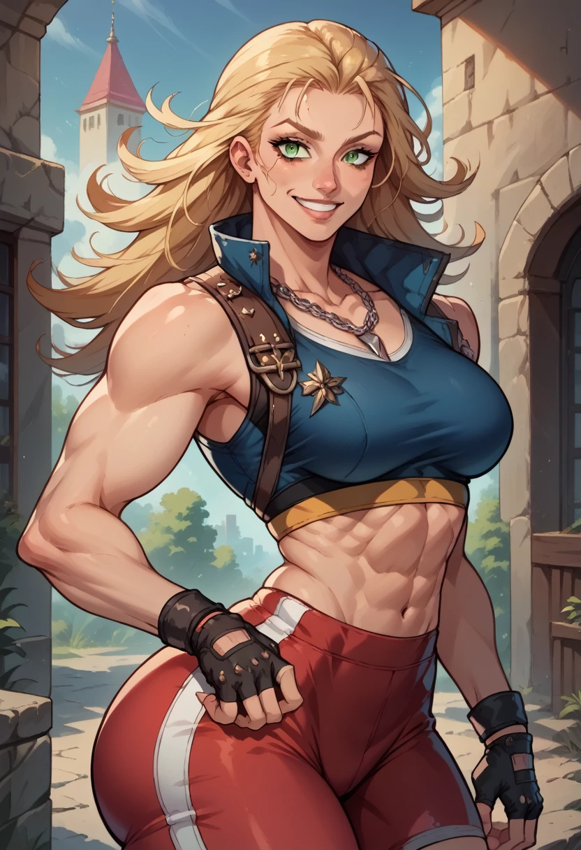 Cathleen Bate, blonde hair, blunt bangs, makeup, green eyes, smile, upper body, solo, fit toned body, wide curvy hips, big ass, fingerless gloves, blue sports bra with stripes, red spandex pants, big chain necklace, biker shorts, (insanely detailed, beautiful detailed face, masterpiece, best quality) 