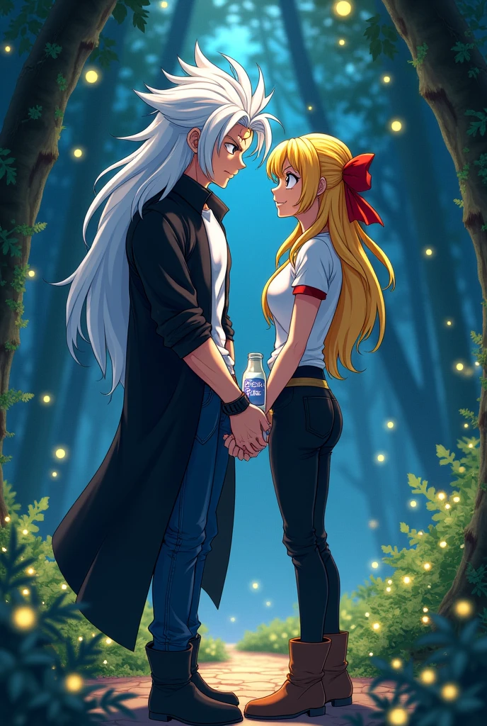 trunks,long straight white hair,Red eyes,semi muscular,scar mark above one of his eyes,White T-shirt,long black jacket,dark blue jean pants,black boots,white saiyajin cola,next to a woman with a female body,long yellow hair tied with a red ribbon,sky blue eyes,white short sleeveless shirt,black pants stuck to his legs,brown boots holding hands as they look at each other romantically in the middle of a forest of nocbe illuminated by fireflies (dragon ball drawing style)