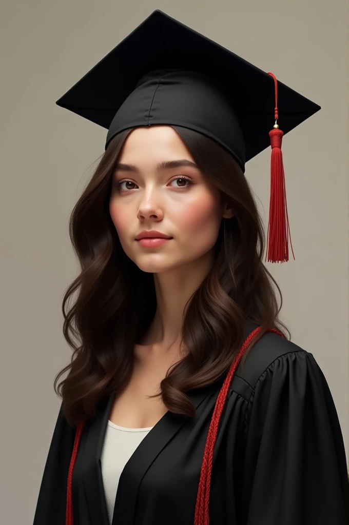Create a realistic photo of a white-skinned girl, Oval face, dark chocolate hair, Lazio, with a natural expression, dressed in a black graduation cap and gown