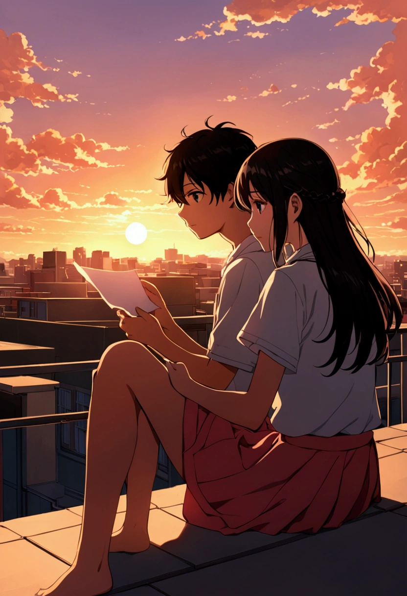 Create an anime scene capturing the essence of one-sided love. In the foreground, depict a young character, sitting on a school rooftop during sunset, with a soft, sad expression, holding a letter or gift tightly. Their gaze is directed toward another character standing near the edge, looking out at the horizon, unaware of the first character’s feelings. The scene should have warm, orange and pink tones of the setting sun, casting long shadows, and a gentle breeze ruffling their hair, symbolizing the bittersweet nature of unrequited love.