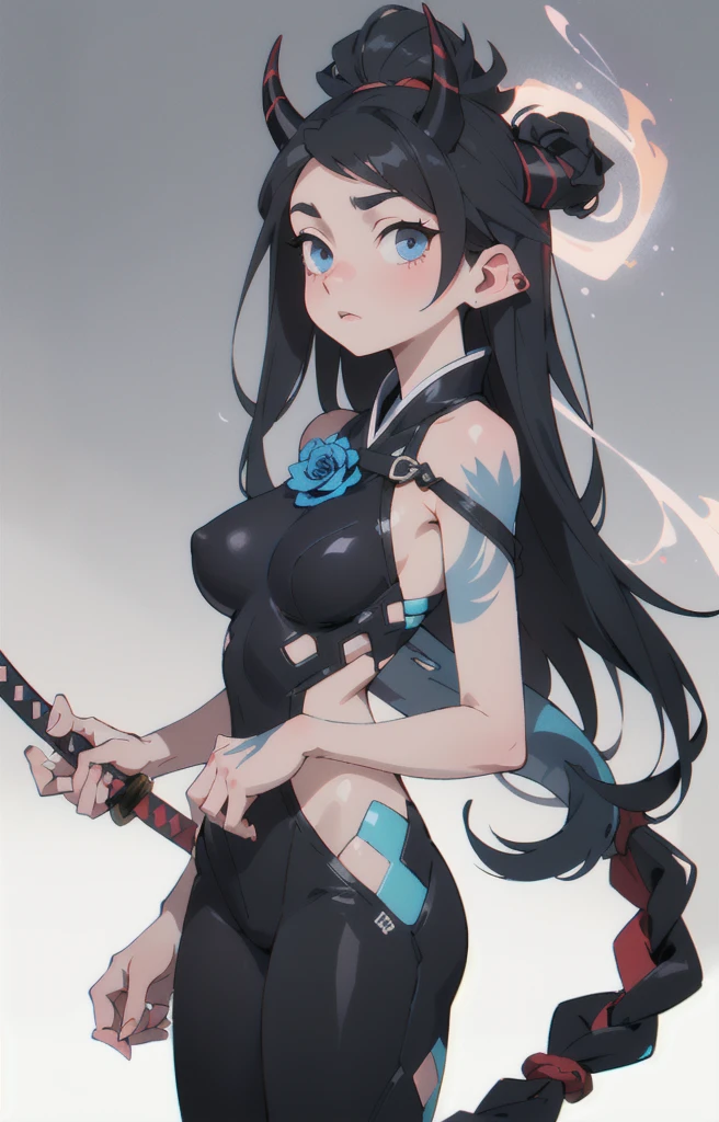 Seven Rhaeyar (Deylta), Ancient Star goddess, Perfect female anatomy (Royalty, Adult Female, 166cm in height, Cool pale skin, slim, slender, 34D breast size, Long Jet Black Hair, Gray Colored Iris , a set of Jet black colored horns with a blue highlight tint on her head), Black Katana with dragon motifs, Black rope accessories and blue rose references. Simple Background, receiving light from the front, Ethereal glow, Japanese inspired,