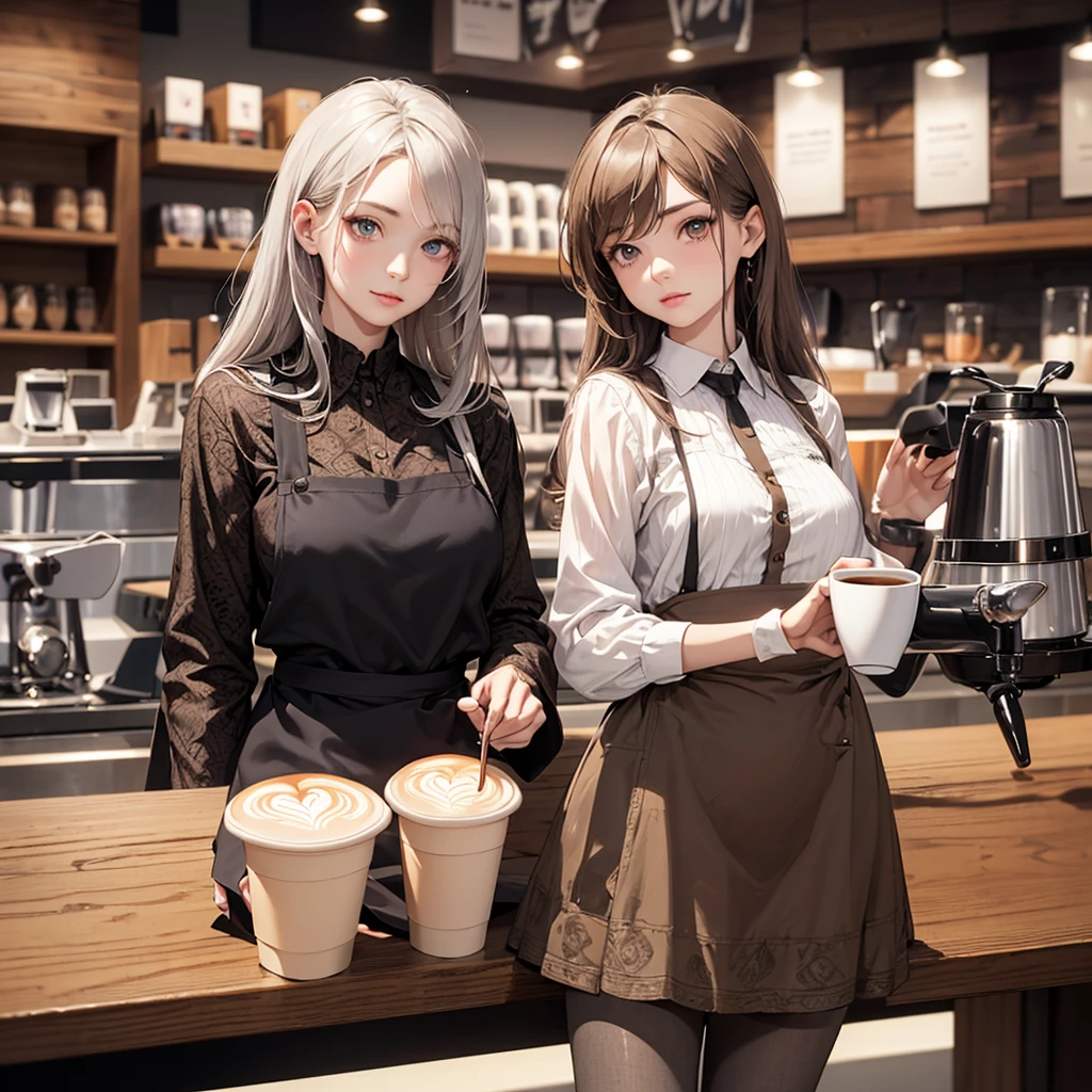 CG, Unity, 8k, wallpaper, Highest quality, masterpiece, Lovely lady, 18-year-old, Gray Hair, White skin, (pantyhose:1.3), (Realistic:1.2), Best lighting, Complex pupil, Intricate weaving, Detailed Background,(Barista:1.5),Patterned blouse、Brown patterned mini skirt、Transparent sleeves、For battle、Complicated clothes、Delicate clothes