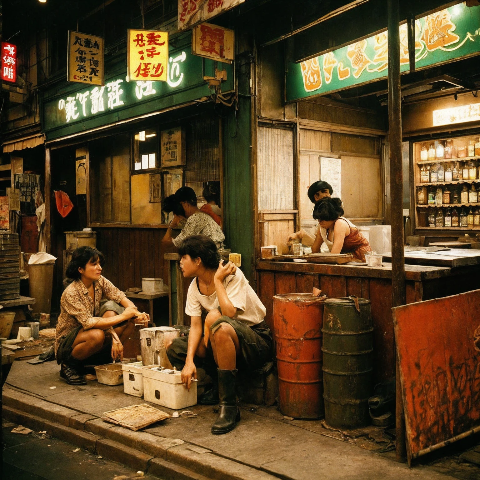 ((masterpiece、Highest quality))、Poor conditions、Japan 1980s, Dirty Standing Tavern、Cooking、Japanese alcoholic drinks、Old and dirty store, Unsanitary and dirty downtown Tokyo, Japan Streets, Cute girl working at the store、Poor workers eating and drinking、Rusted corrugated iron, in the Tokyo cityscape, Kodachrome : : 8k yen, Vintage Photography, Printed matter from the 1970s
