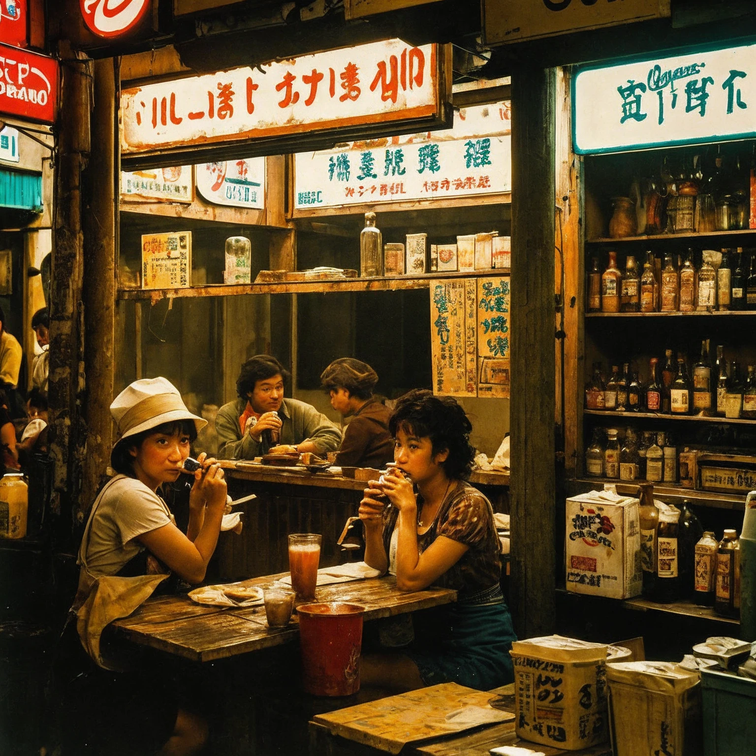 ((masterpiece、Highest quality))、Poor conditions、Japan 1980s, Dirty Standing Tavern、Cooking、Japanese alcoholic drinks、Old and dirty store, Unsanitary and dirty downtown Tokyo, Japan Streets, Cute girl working at the store、Poor workers eating and drinking、Rusted corrugated iron, in the Tokyo cityscape, Kodachrome : : 8k yen, Vintage Photography, Printed matter from the 1970s