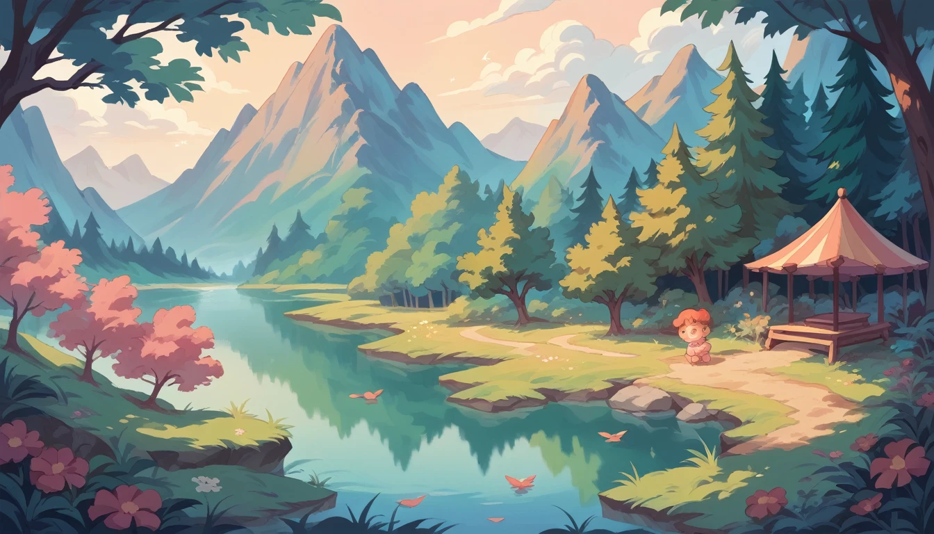 these baby dinosaurs play by the lake and have a far volcano, pastel, light-color